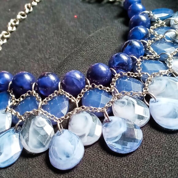 Pretty Shades of Blue Layered Beaded Bib Statement Necklace - Picture 6 of 7